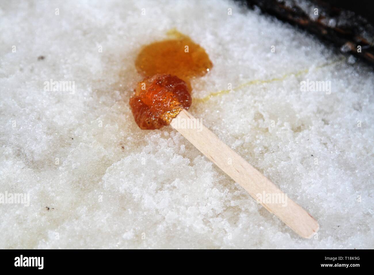 Hot maple syrup turns to taffy in the snow Stock Photo - Alamy