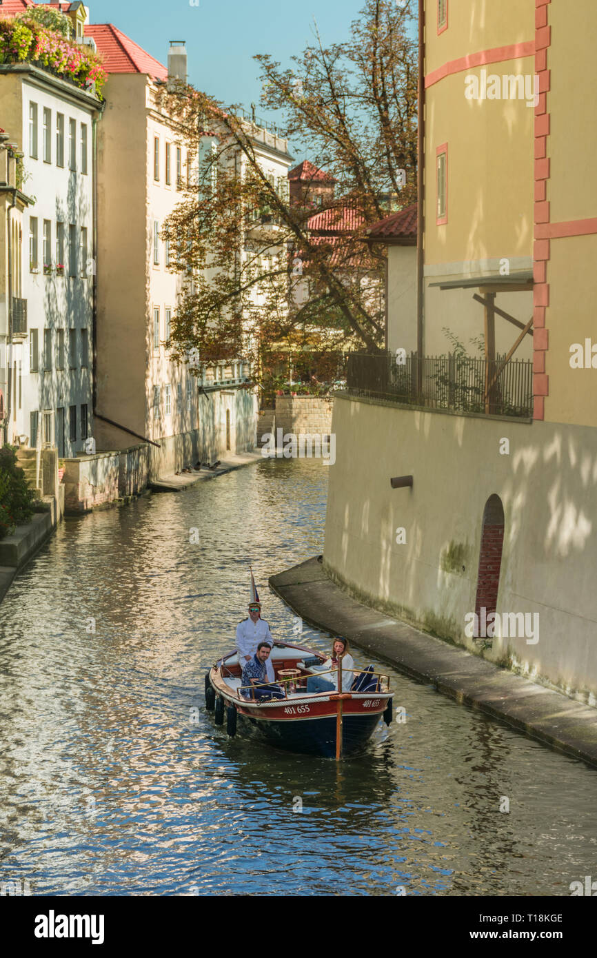 Prague, Czech Republic - September 10, 2019: couple on a romantic cruise trought Certovka canal Stock Photo