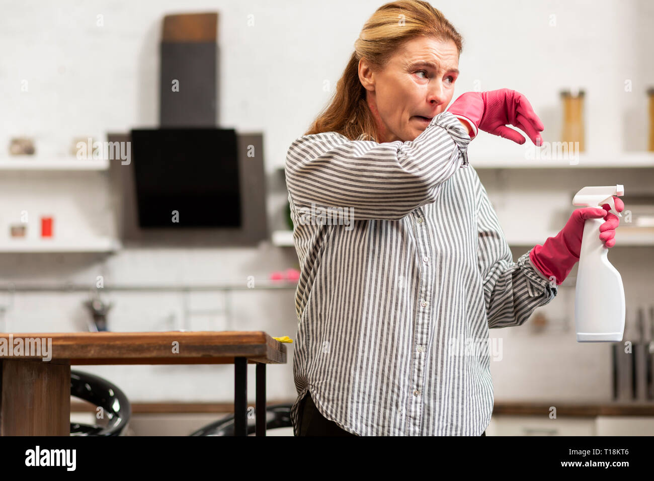 Housewife wearing shirt and gloves cleaning her flat and sneezing Stock Photo