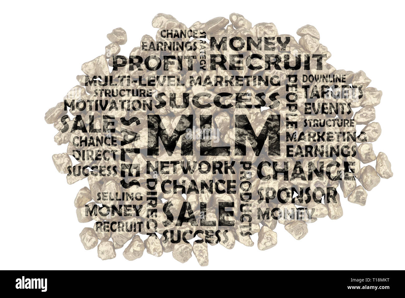 Keywords to the main term multi level marketing highlighted in dark transparency in front of closeup golden splinters Stock Photo