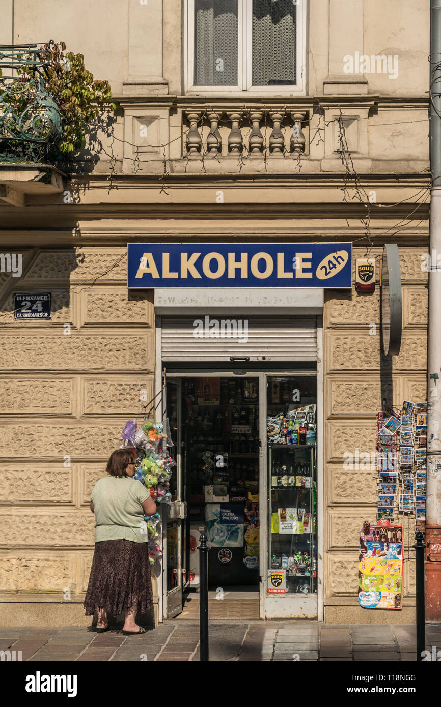 Krakow, Poland - September 21, 2019: 24 hours convenience store near Wawel castle sells souvenirs and alcohol Stock Photo