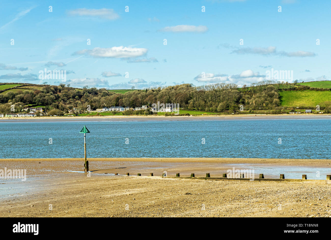 Looking across the coastal estuary of the River Tywi towards Llanstephan or Llansteffan from