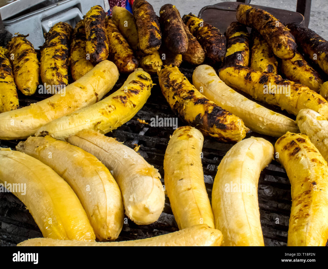 CALI, COLOMBIA - FEBRUARY, 2019: Close up of roasted ripe plantain sell at Cali city center Stock Photo