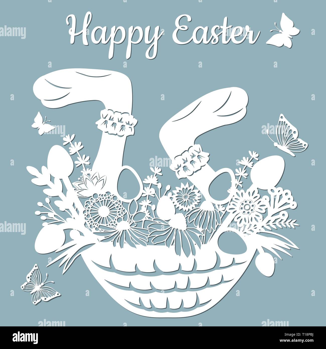 Rabbit's paws, basket, butterfly, dandelion, grass, leaves, flowers, chamomile, egg. Vector illustration. Easter eggs for Easter holidays. Paper stick Stock Vector