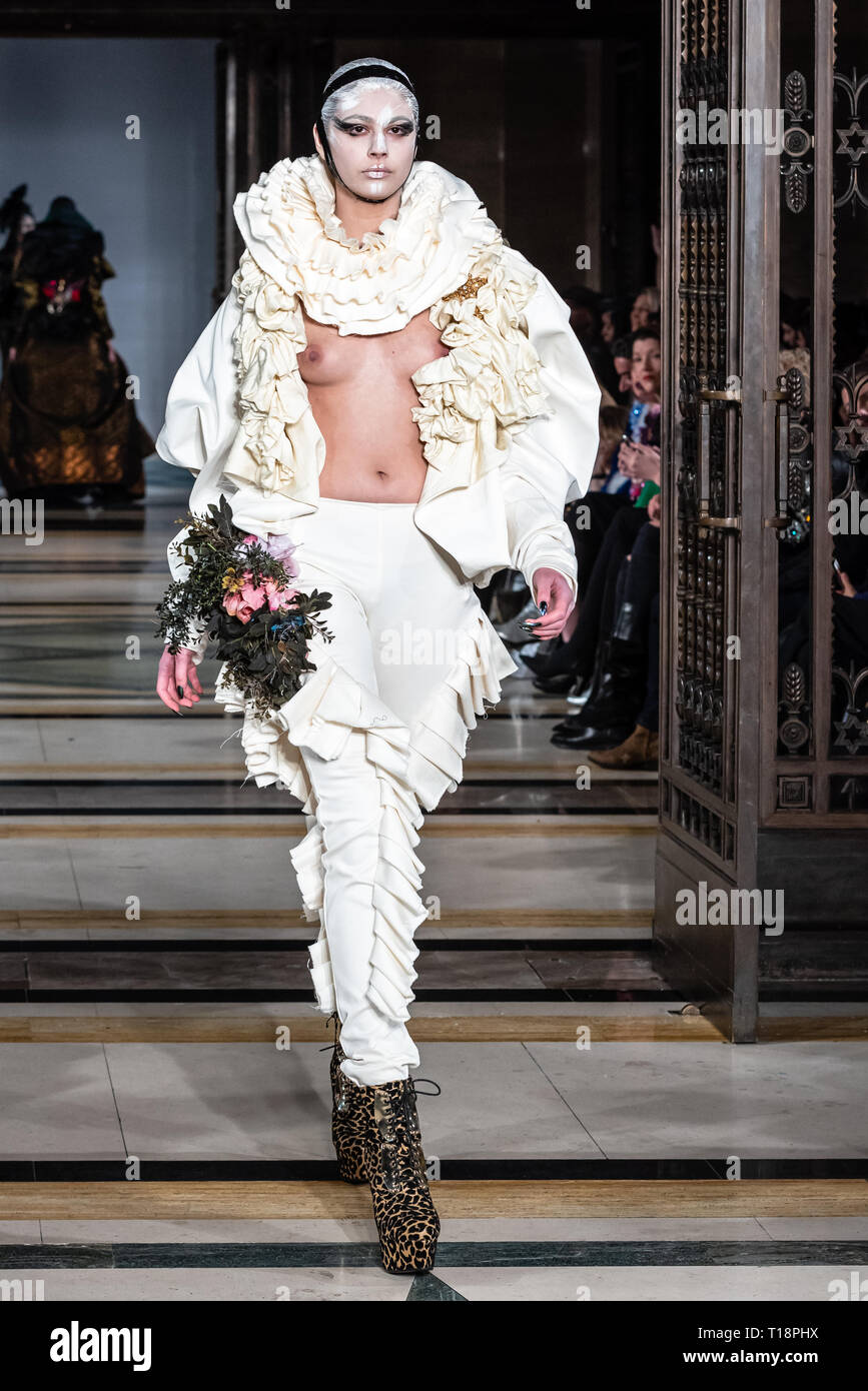 Fashion AW19 collection Model catwalk for Hellavagirl - London Fashion  Scout show during London Fashion Week at Freemasons Hall Stock Photo - Alamy