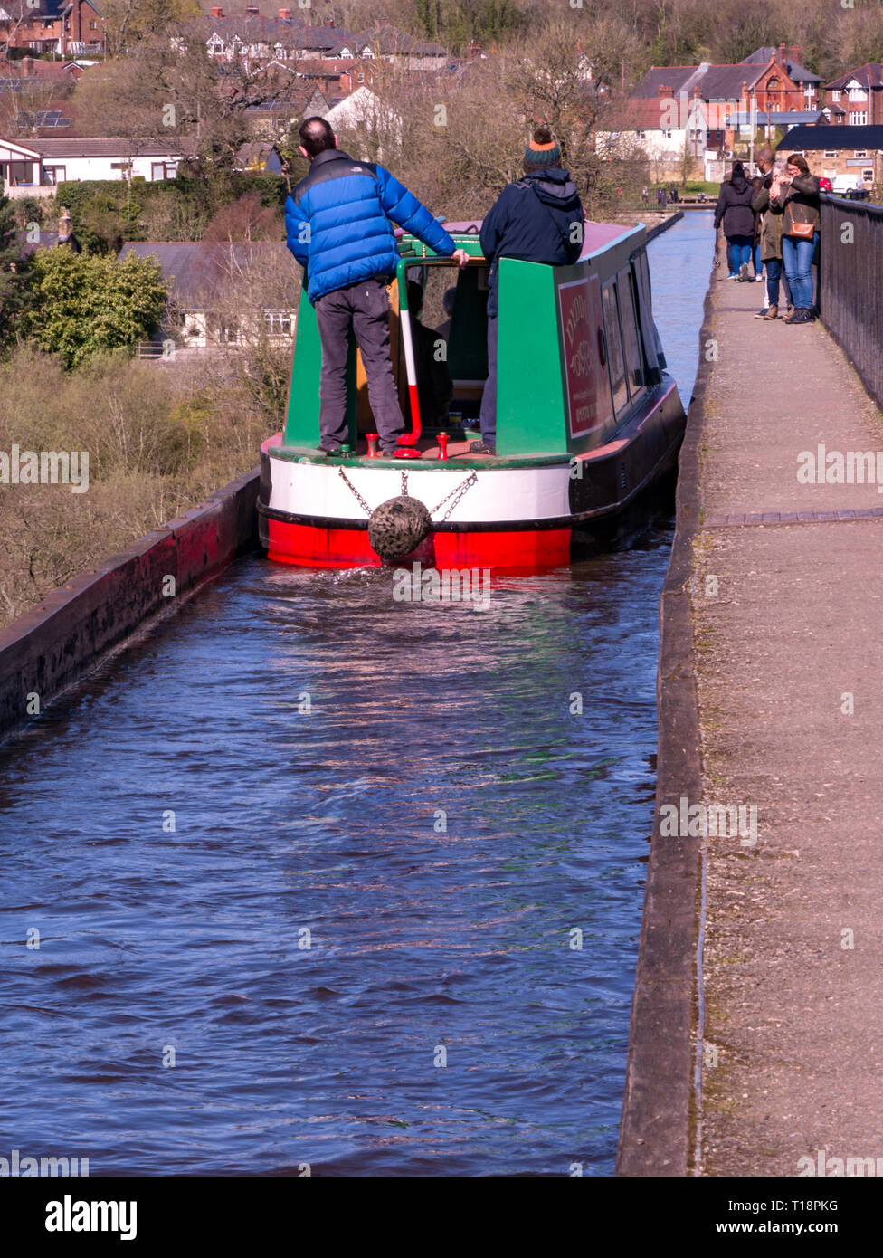 Narrowboat crossing the Pontcysyllte Aqueduct and Canal, near Langollen, Wales, UK Stock Photo