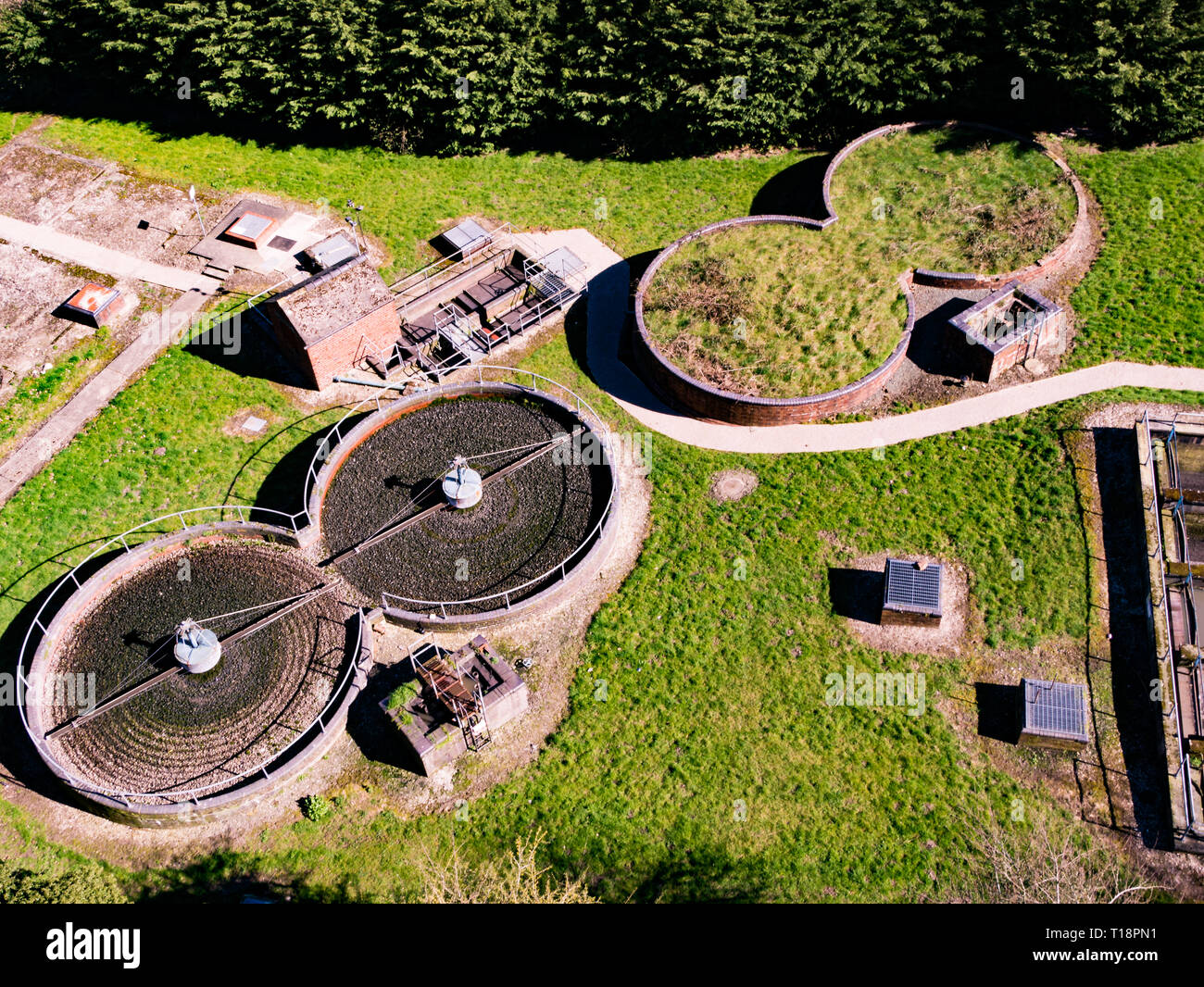 Sewage treatment plant viewed from above from the Pontcysyllte Aqueduct and Canal, near Langollen, Wales, UK Stock Photo