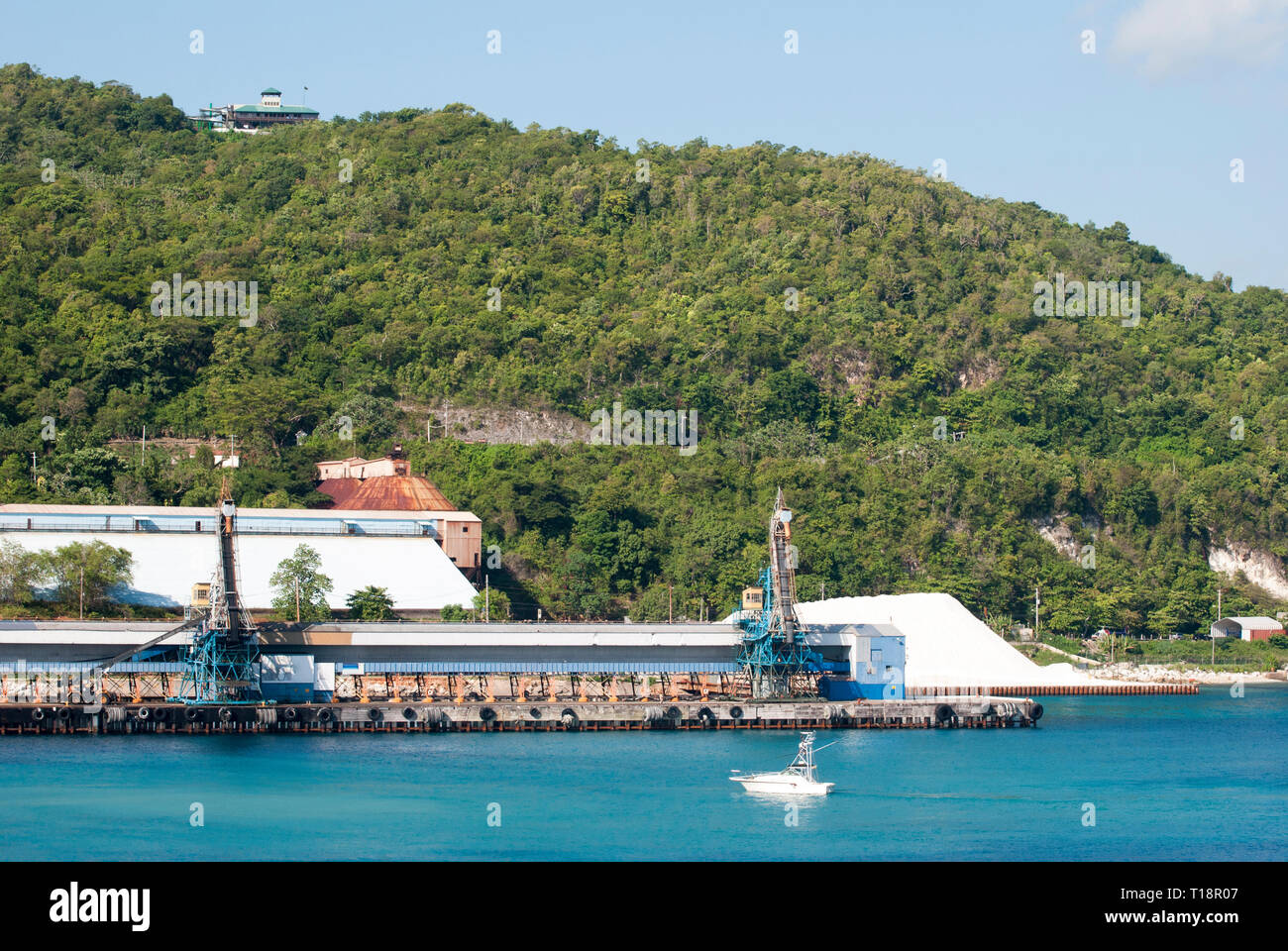 The view of Ocho Rios town port with Mystic Mountain behind (Jamaica). Stock Photo