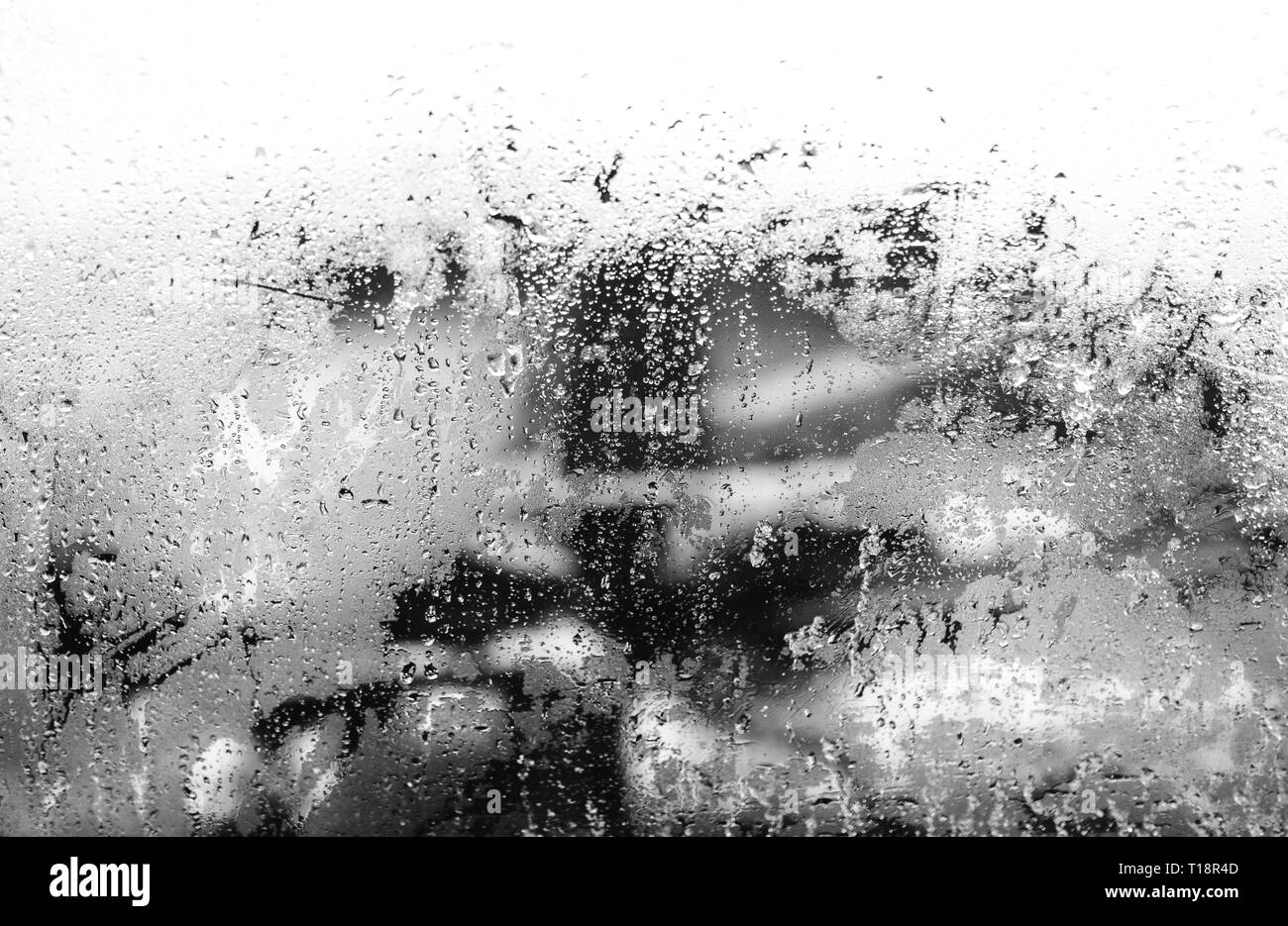 City street windshield abstract background water drop on the glass lights and rain. Black and white photo Stock Photo