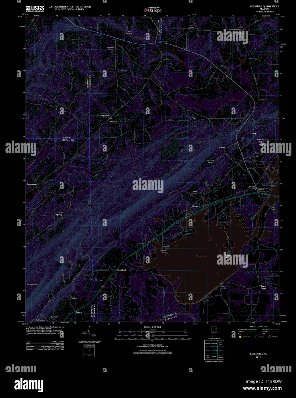 USGS TOPO Map Alabama AL Leesburg 20111013 TM Inverted Stock Photo