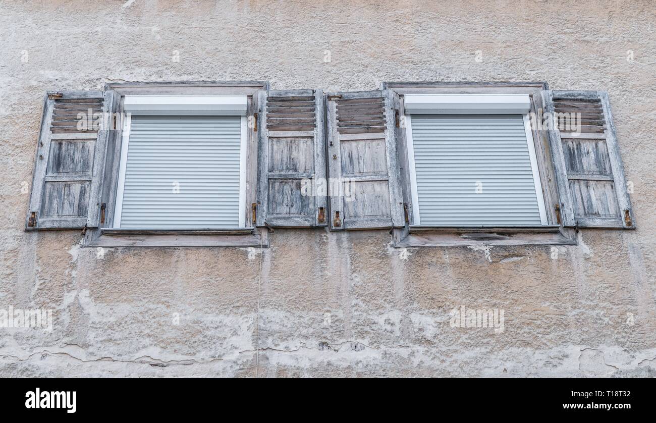 Old window with closed wooden shutters, Germany Stock Photo Alamy