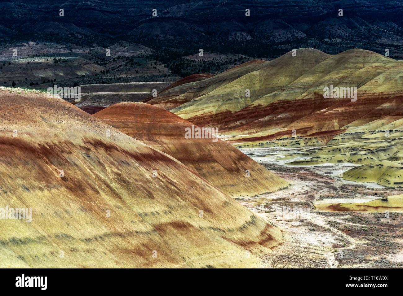 Eroded sedimentary rock formation with colorful geological layers. Scenic landscape. Badlands scenery in Painted Hills, Mitchell, Central Oregon, USA. Stock Photo