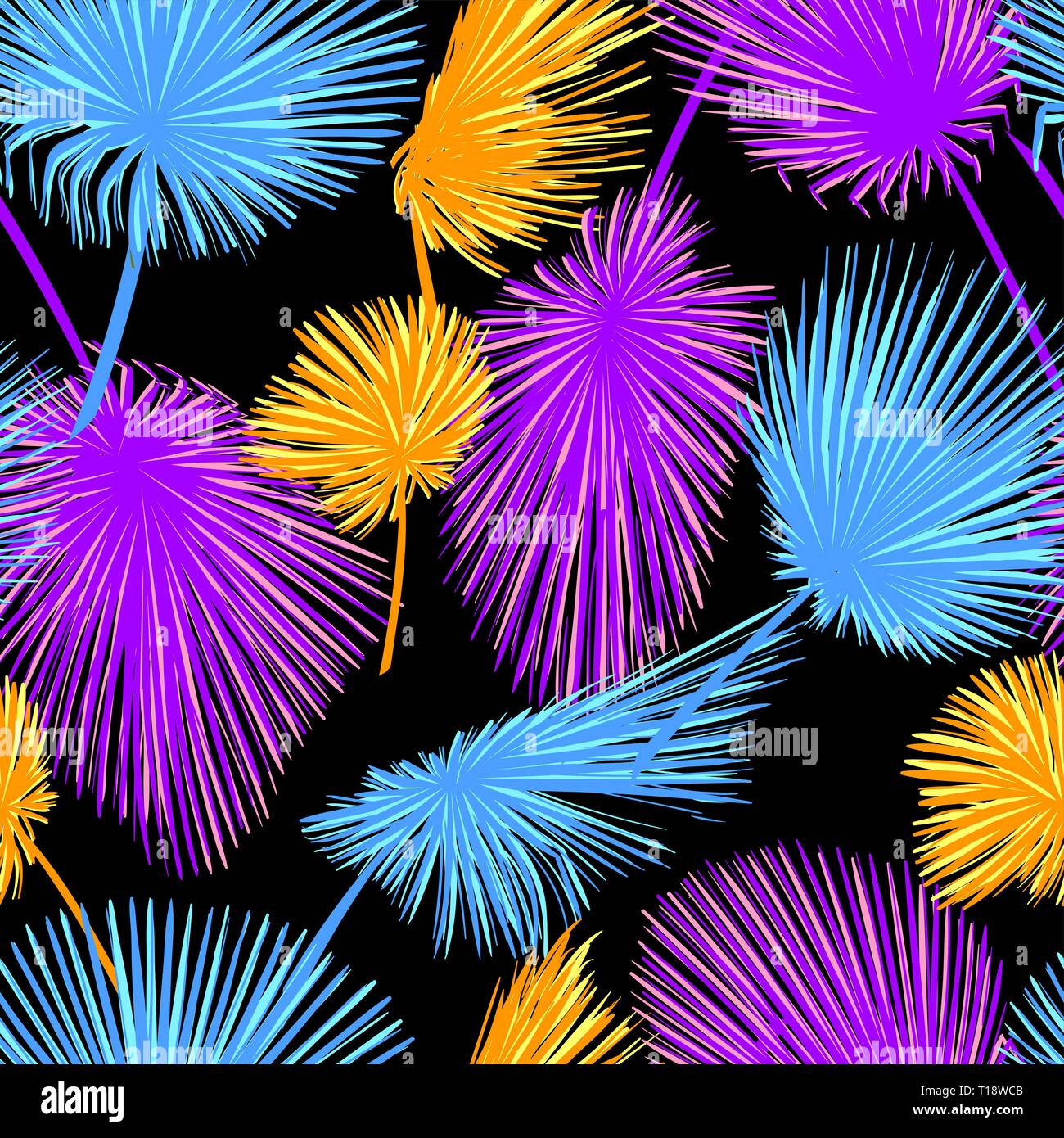 Vector seamless pattern of palm tree leaves on black background. Ultra neon colored background Stock Vector