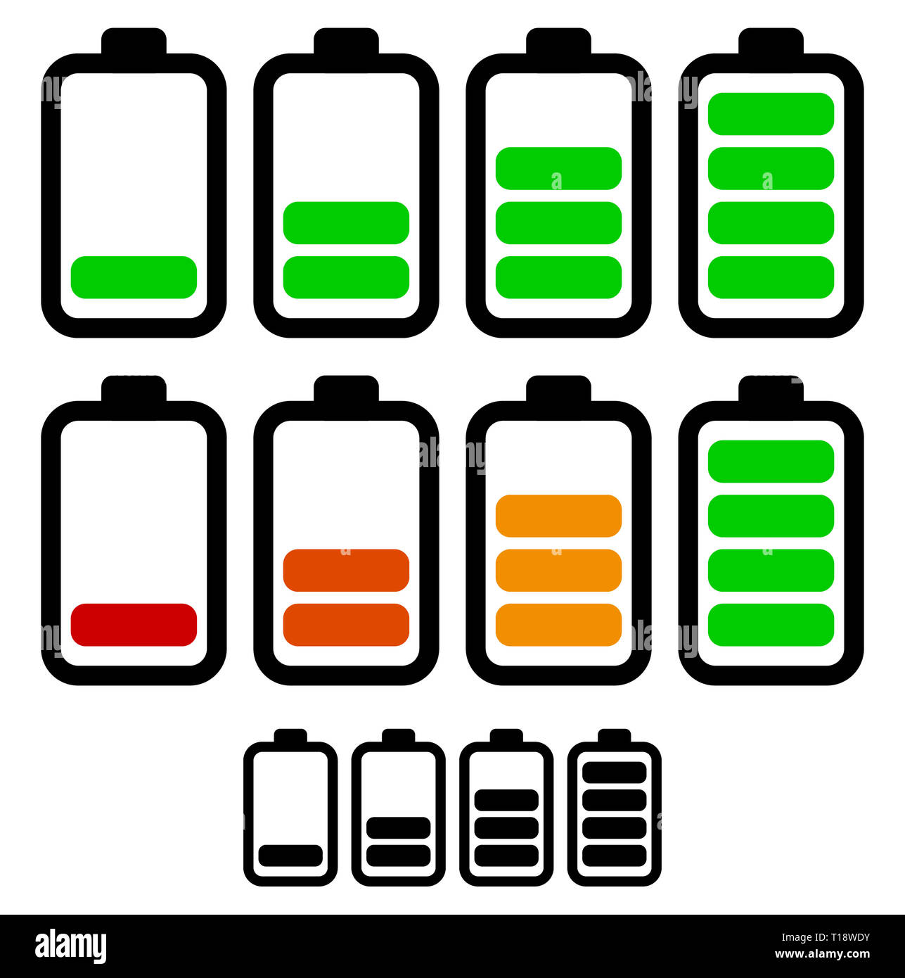 Illustration of battery level indicators. Battery life, accumulator, battery running low, battery recharging vector. Stock Photo