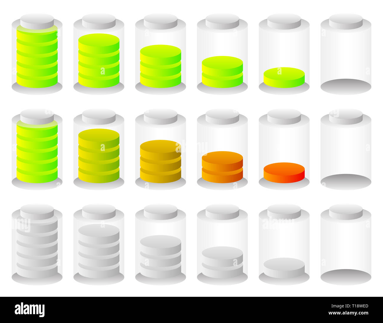 Illustration of battery level indicators. Battery life, accumulator