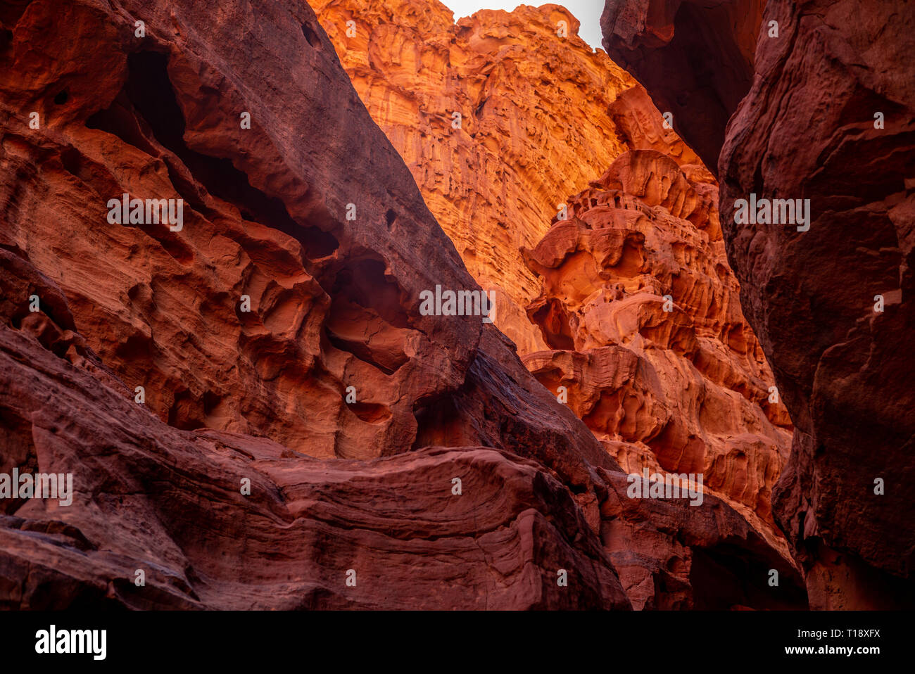 Red rocks in cave of Wadi Rum desert, Jordan Stock Photo
