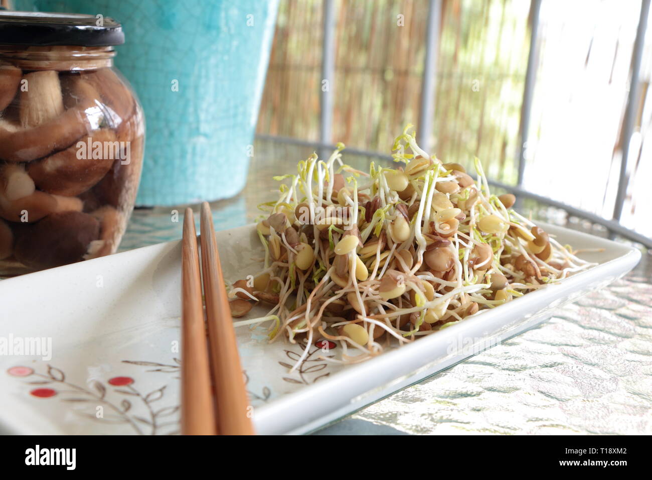 Lentil sprouts salad on plate with chopsticks Stock Photo