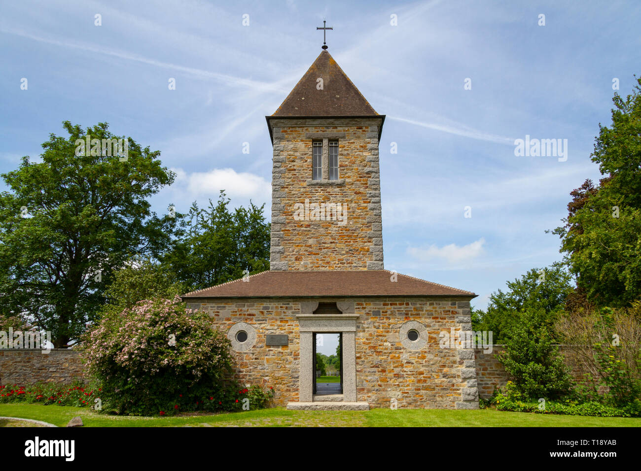 Cemetery chapel  in the German Orglandes War cemetery, Orglandes, Normandy France. Stock Photo
