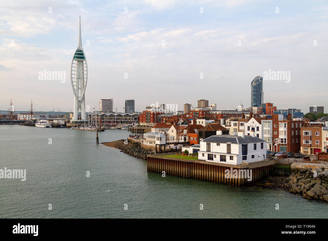 General view during arrival at Portsmouth Harbour, Hampshire, England with the Spinnaker Tower in the distance. Stock Photo