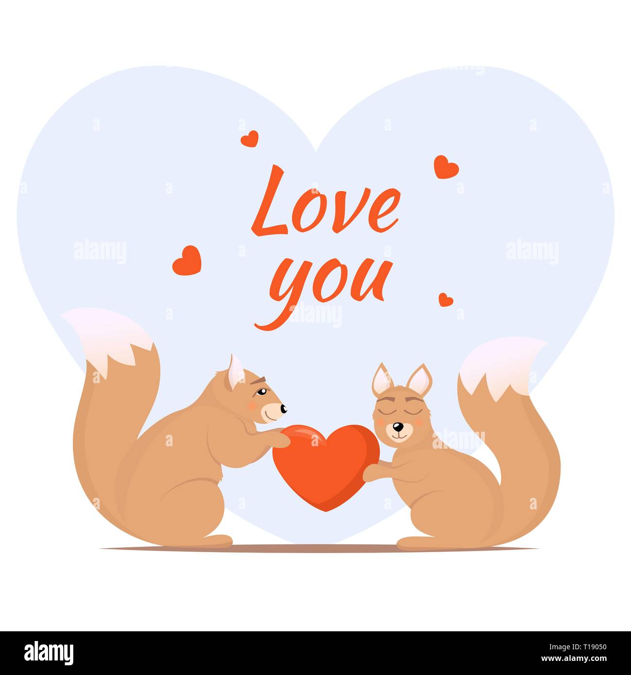 Couple of loving squirrels. One squirrel gives another a heart. Cute animals in love. Love theme card design, vector illustration Stock Vector