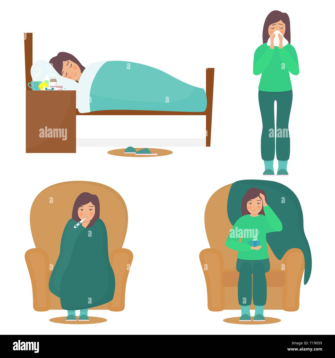 Woman character having cold. Sick young woman in bad, on chair, with a thermometer and cup of hot drink. Girl blows her nose. Flat vector illustration Stock Vector
