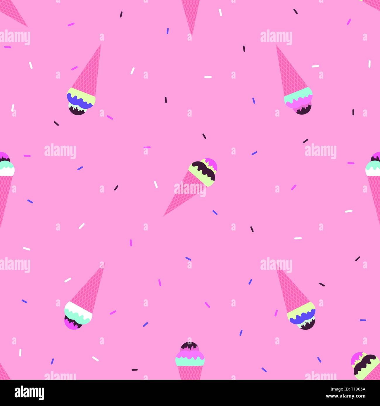 Multicolored ice cream cones with icing on a light purple background