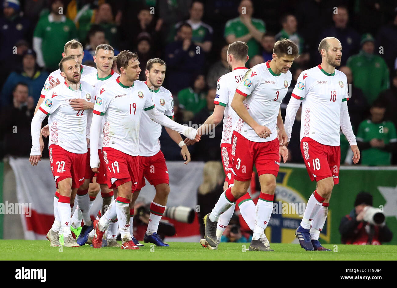 Belarus' Ihar Stasevich (far left) celebrates scoring his side's first goal of the game with team-mates during the UEFA Euro 2020 Qualifying, Group C match at Windsor Park, Belfast. Stock Photo