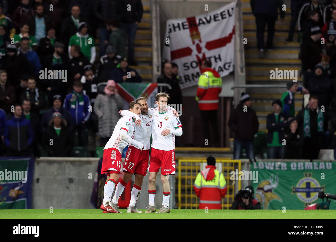 Belarus' Ihar Stasevich (centre) celebrates scoring his side's first goal of the game with team-mates during the UEFA Euro 2020 Qualifying, Group C match at Windsor Park, Belfast. Stock Photo