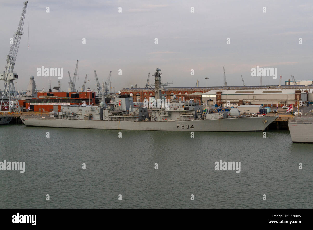 The HMS Iron Duke (F234) is a Type 23 frigate of the Royal Navy moored in the Royal Navy Dockyard, Portsmouth, UK. Stock Photo