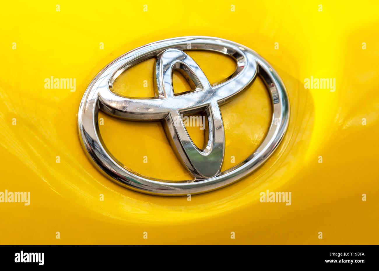 Samara, Russia - March 23, 2019: Toyota logo on the car. Toyota Motor Corporation is a Japanese automotive manufacturer Stock Photo