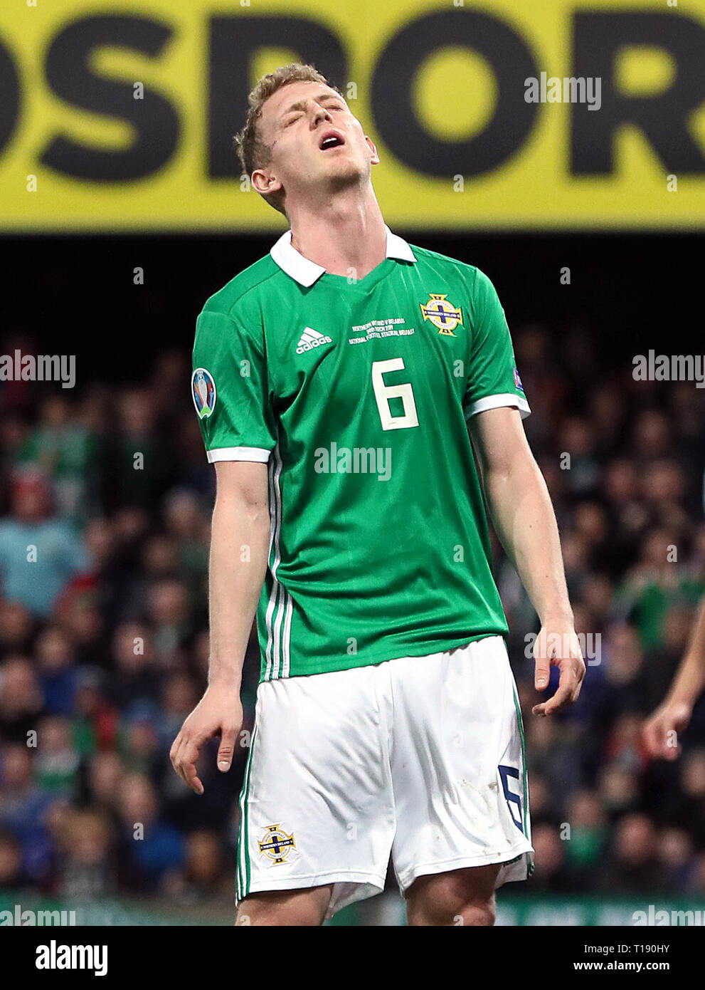 Northern Ireland's George Saville reacts after a missed chance during the UEFA Euro 2020 Qualifying, Group C match at Windsor Park, Belfast. Stock Photo