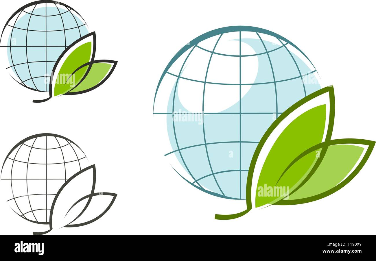 Globe with green leaves, logo. Eco, natural, organic icon or symbol. Vector graphics Stock Vector
