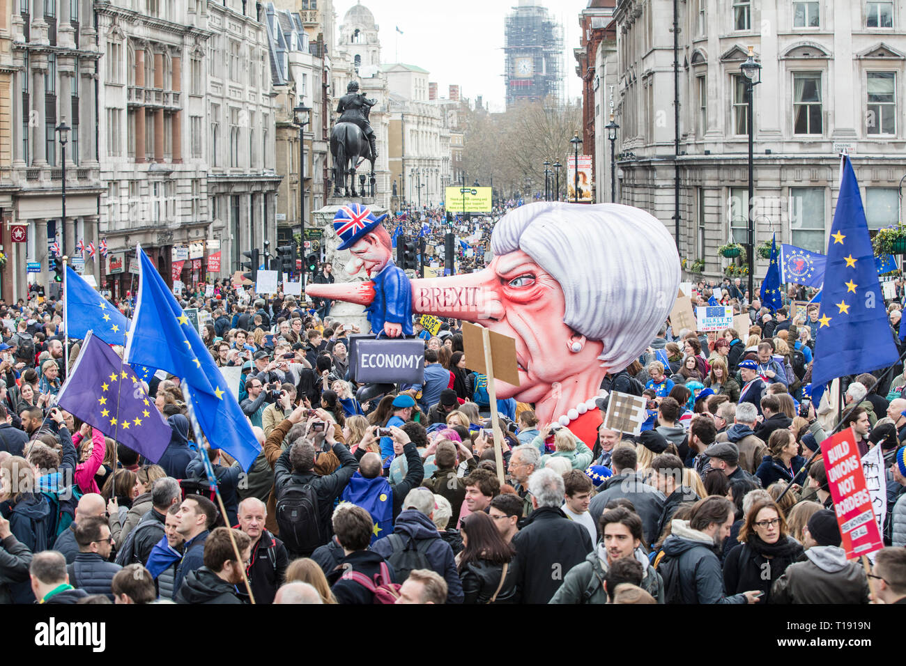 LONDON, UK - March 23rd, 2019: A political satire sculpture of Theresa May made by artist Jacques Tilly at the Put it to the People March in London Stock Photo