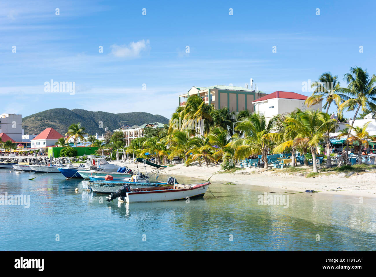 Boats moored on beach, Great Bay, Philipsburg, St Maarten, Saint Martin, Lesser Antilles, Caribbean Stock Photo