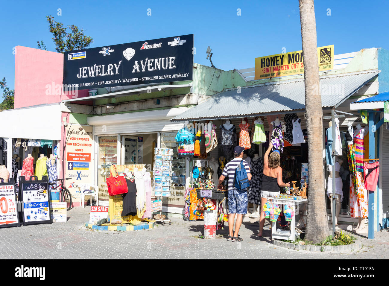 Souvenir and jewelry shops, Kanaal Steeg, Philipsburg, St Maarten, Saint Martin, Lesser Antilles, Caribbean Stock Photo