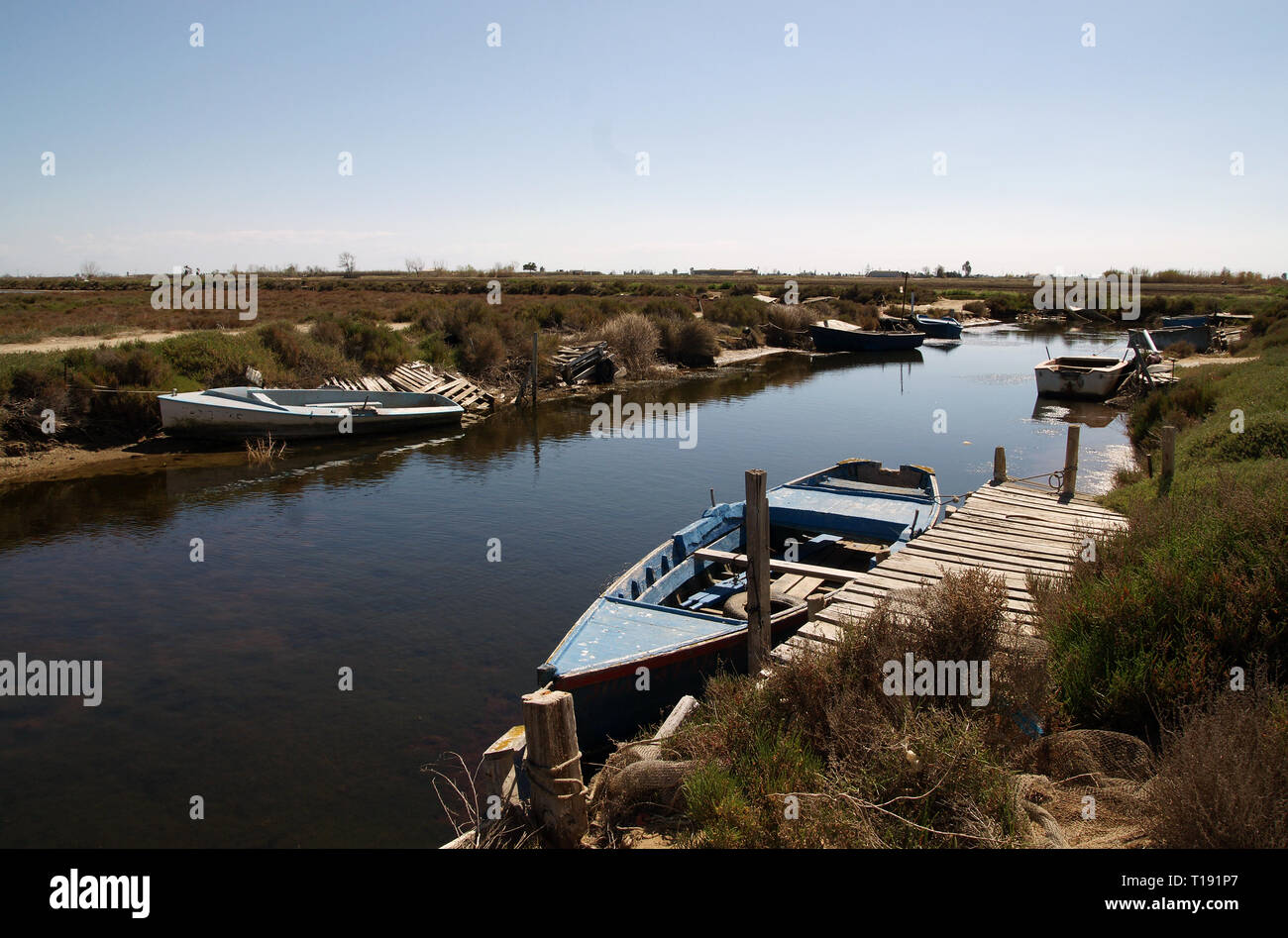 Little boat graveyard. River Ebro delta, Tarragona, Catalonia, Spain. Photography, 2019. Stock Photo