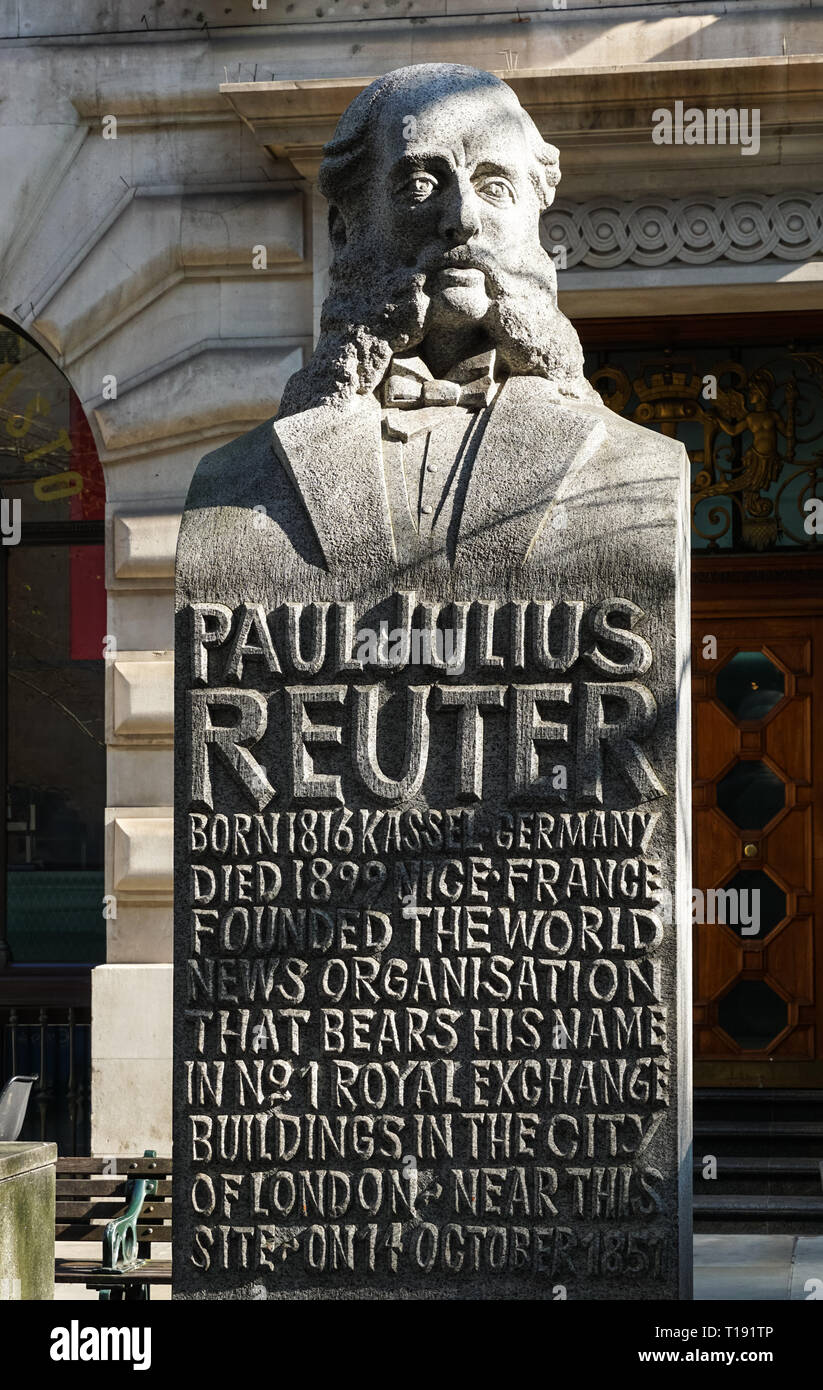 Bust of Paul Julius Reuter in the City of London, England United Kingdom UK Stock Photo