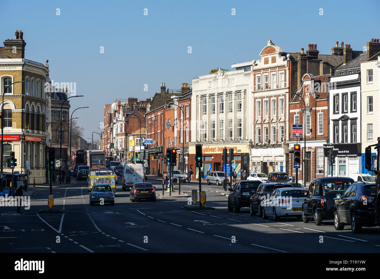 Traffic on New Cross Road in Lewisham, London England United Kingdom UK Stock Photo