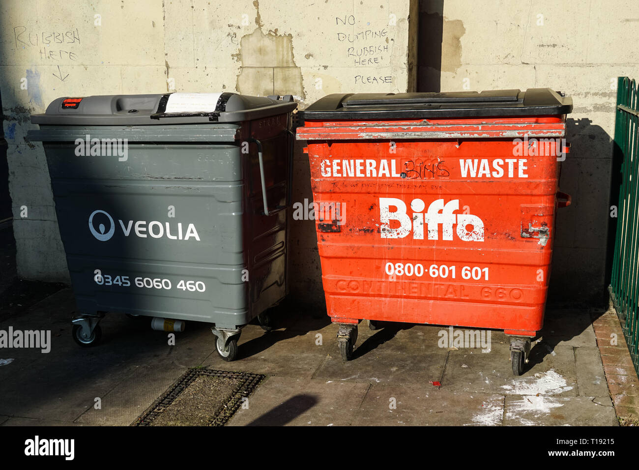 Veolia and Biffa wheelie bins in Lewisham, London England United Kingdom UK Stock Photo