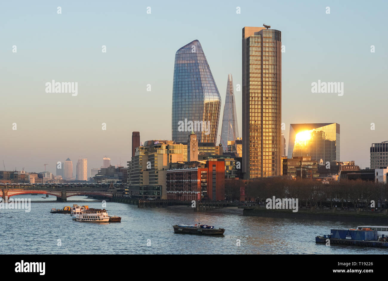 One Blackfriars, The Shard and South Bank Tower skyscrapers with Canary Wharf in the background, London England United Kingdom UK Stock Photo