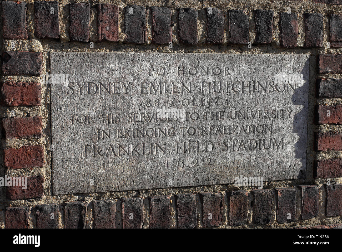 Philadelphia, PA / USA - October 18, 2018: Franklin Field Stadium cornerstone marker for University of Pennsylvania Stock Photo