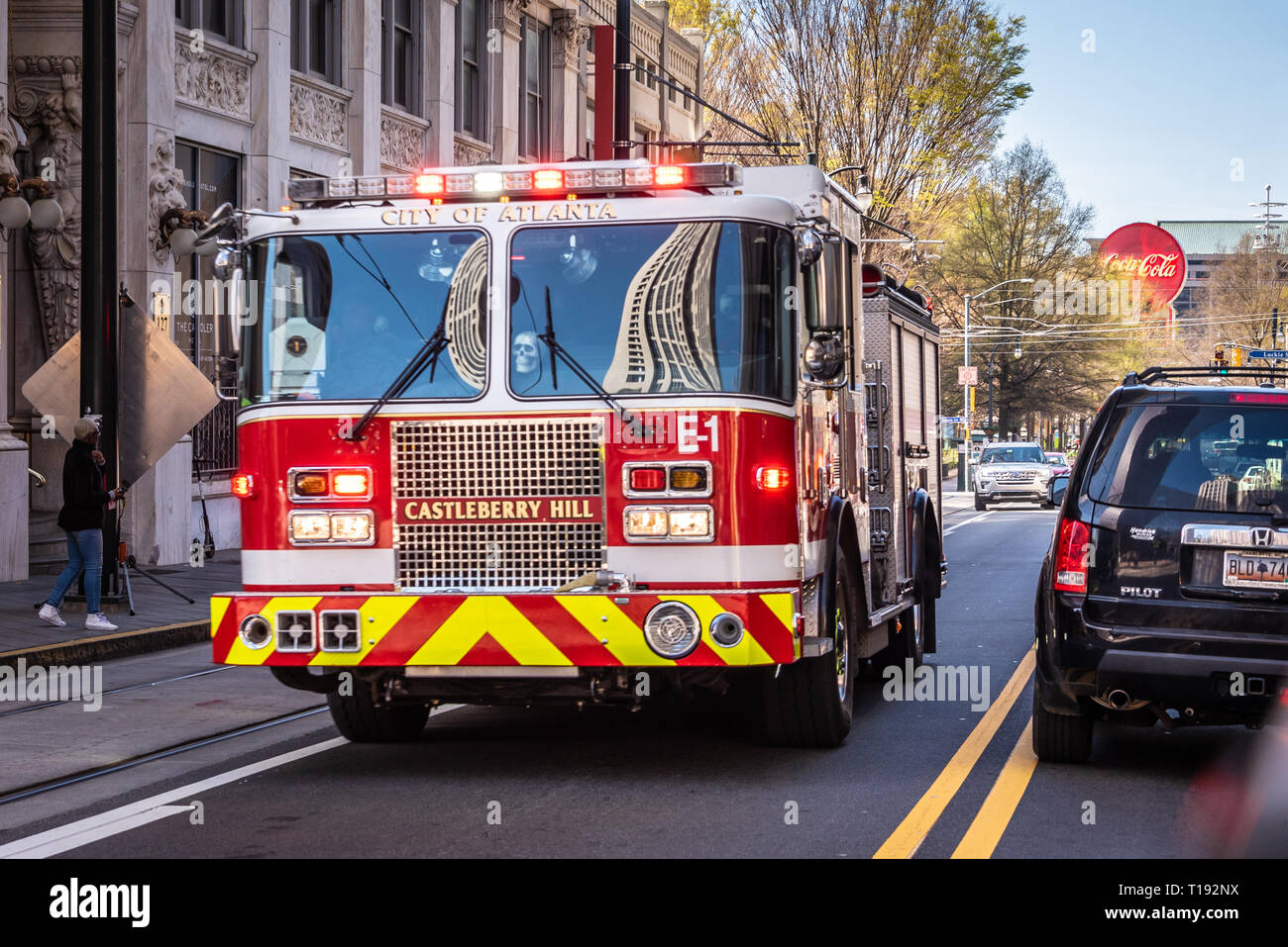 City of Atlanta fire engine near Five Points in downtown Atlanta, Georgia responding to an emergency. (USA) Stock Photo