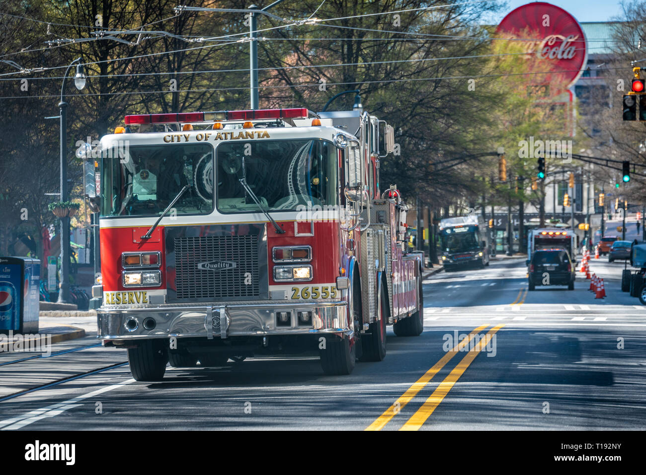 City of Atlanta fire engine near Five Points in downtown Atlanta, Georgia. (USA) Stock Photo
