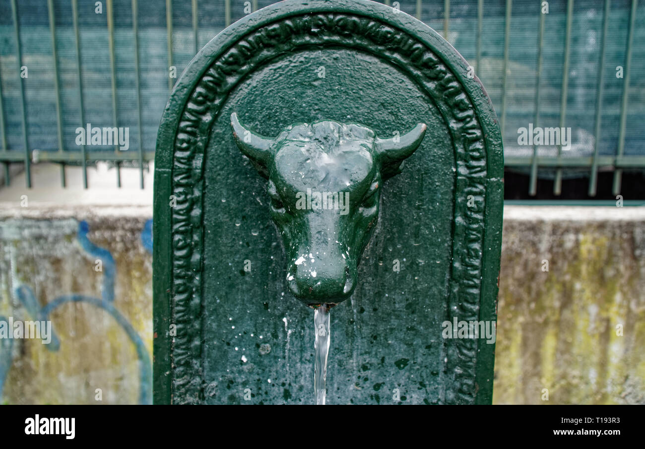 Drinking fountain bull, Retro styled Toret - Little bull - fountain in Turin, Italy Stock Photo