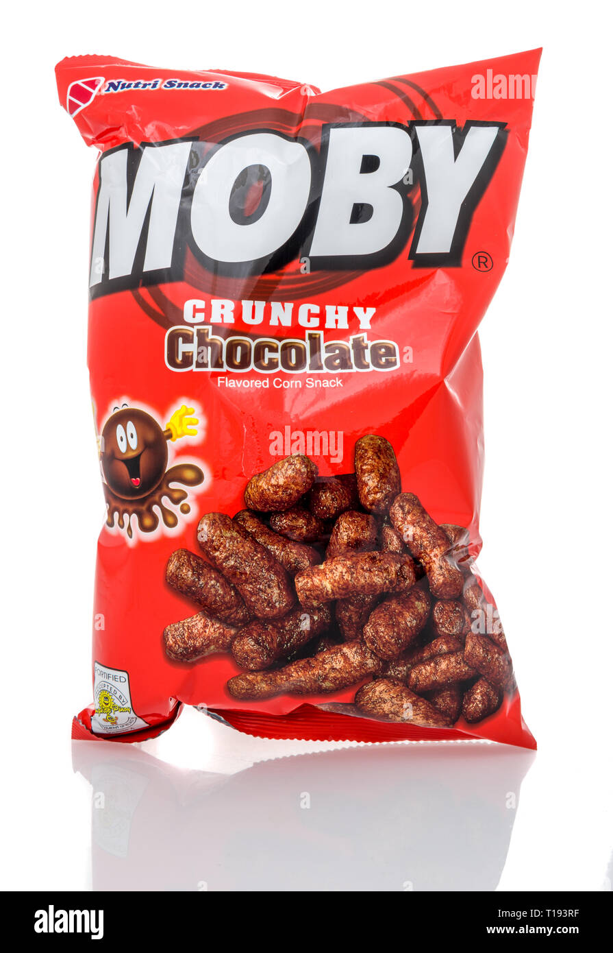 Winneconne, WI - 15 March 2019: A package of  Nutri snack Moby corn snack dipped in chocolate on an isolated background Stock Photo