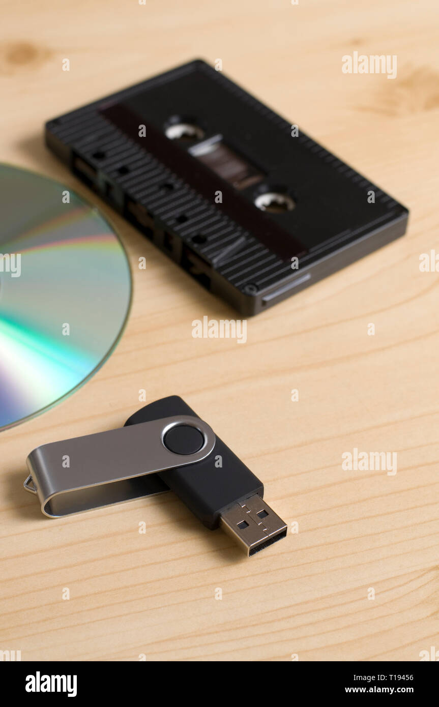Analog Cassette, USB Drive and Compact Disk used for Recording Music