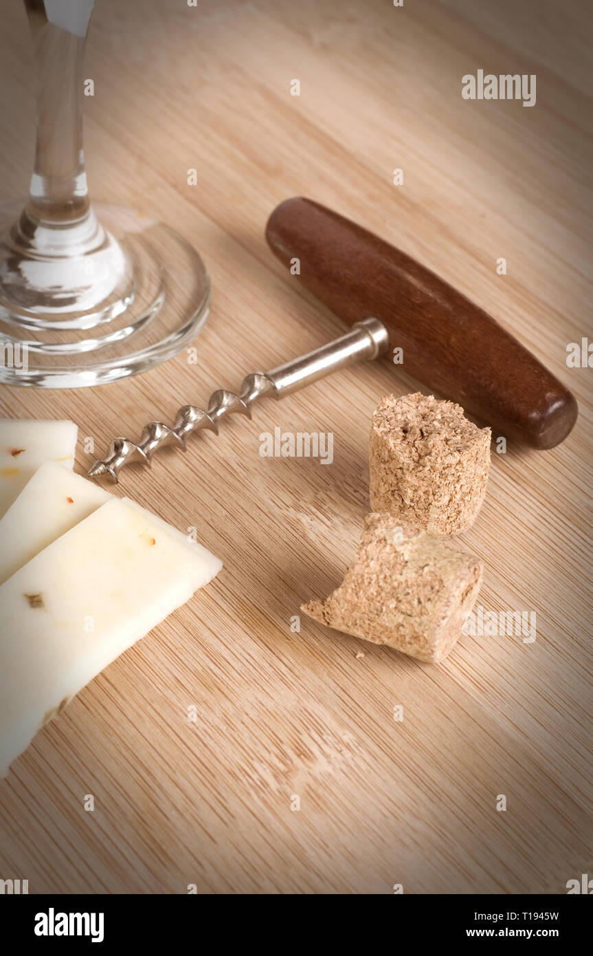 Broken Wine Bottle Cork with Corkscrew and Cheese Stock Photo Alamy