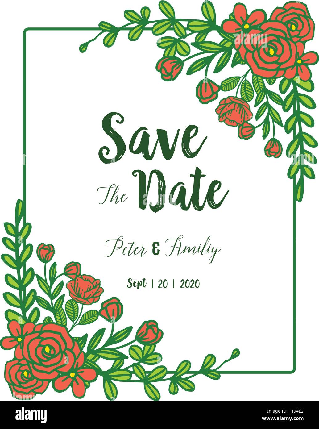 Vector illustration crowd of orange rose flower frames with wedding ...