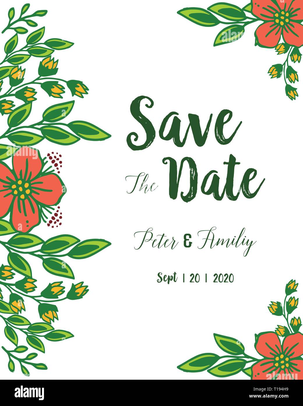 Vector illustration beauty of orange flower frame with elegant wedding ...