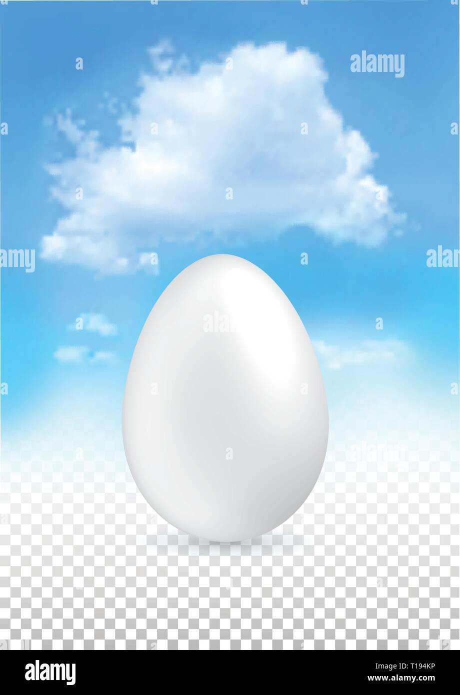 White Easter egg on transparent background and blue cloudy sky. Easter banner Stock Vector